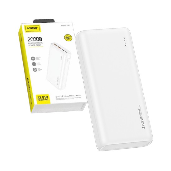 Banco de Potência Foneng P52 Dual USB 22,5W 20000mAh PD+QC3,0 Branco